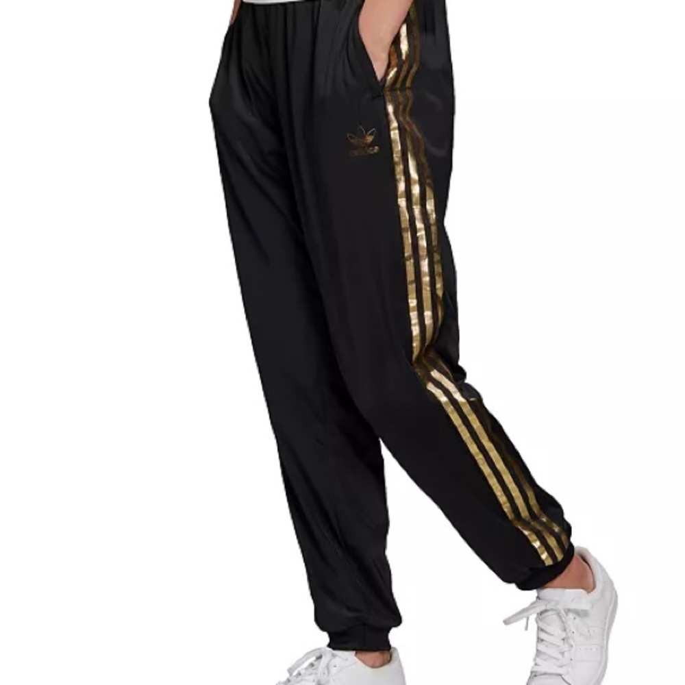 Adidas Women’s Black Joggers with Gold Stripes and Accents